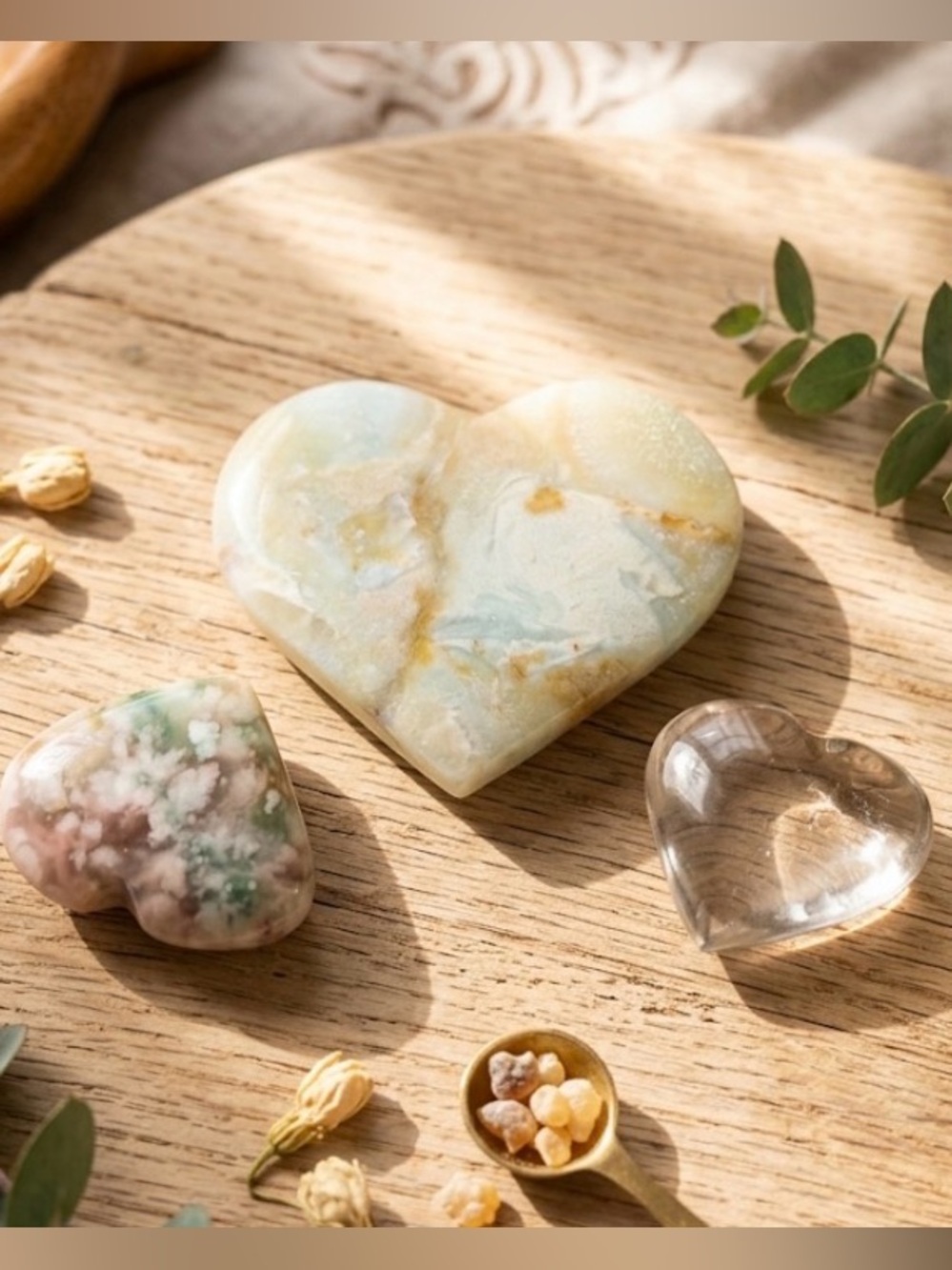 Natural Crystal Heart Trio | Caribbean Calcite, Flower Agate & Clear Quartz Set
